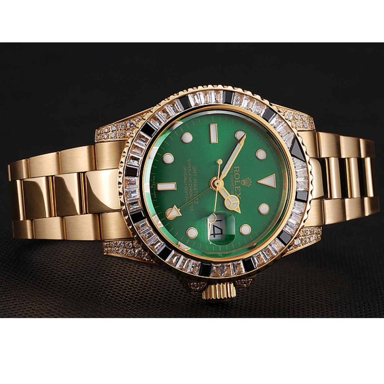 MiroTime 0724 Swiss Rolex GMT Master II Green Dial Stone Set Bezel Gold Case And Bracelet 1453748